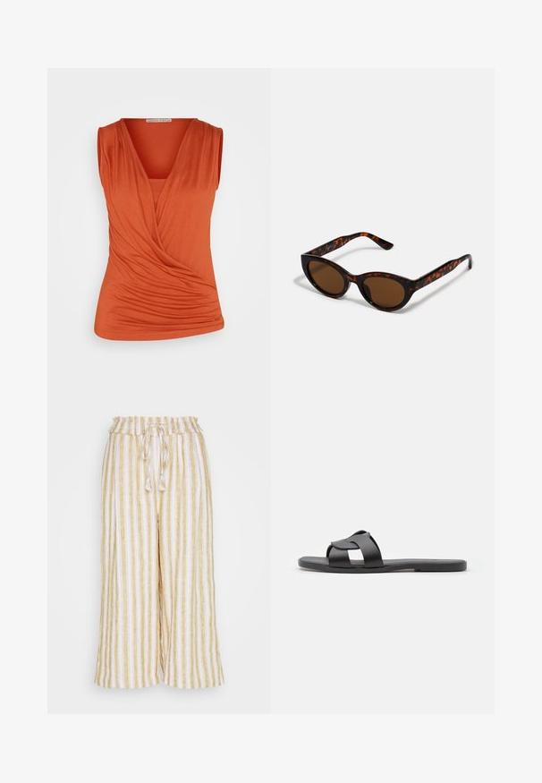 Anna Field Top - brown; Thought ALANA CULOTTE - Broek - multicoloured; Zwarte schuimsandaal met een crisscross bandontwerp, platte zool, matte textuur en minimalistisch profiel. Geschikt voor casual gebruik.; Bruine schildpad zonnebril met een vintage cat-eye vorm en bruine lenzen. Heeft gebogen armen met rode accenten.