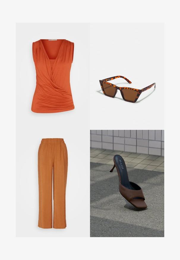 Anna Field by Zalando Débardeur - brown; Vero Moda VMQUEENY LONG PANTS - Pantalon classique - toffee; Mule marron à talon haut et bout ouvert avec le nom de la marque « RAID » sur la semelle intérieure, posée sur l'asphalte près d'un mur carrelé.; Lunettes de soleil teintées de brun avec un motif écaille de tortue, monture angulaire et branches fines. Matériau en plastique léger.