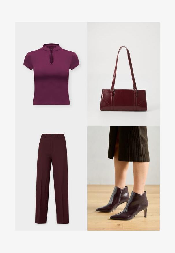 Paars topje met korte mouwen, hoge kraag en een sleutelgatopening aan de voorkant tegen een effen witte achtergrond.; Donker bordeaux straight-fit broek met knoop- en ritssluiting, riemlussen en geperste vouwen, getoond tegen een effen achtergrond.; Bordeaux leren enkel laarzen met een spitse neus en slanke hak. Beschikt over een zijrits en een gladde, glanzende textuur.; Bourgondische handtas van glanzend materiaal, rechthoekige vorm, met twee schouderbanden en subtiele gebogen accenten aan de voorkant.