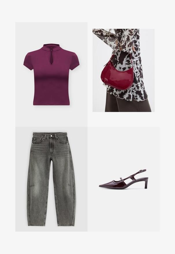 Haut violet à manches courtes avec col montant et ouverture en trou de serrure à l'avant sur fond blanc uni.; Jeans en denim gris délavé taille haute avec cinq poches, fermeture à bouton et coupe droite relaxée.; Chaussure slingback en cuir verni bordeaux avec bout pointu, talon bas et double bride à boucle réglable.; Femme portant un chemisier à motif noir et blanc tenant un sac à main rouge brillant sur un fond uni.