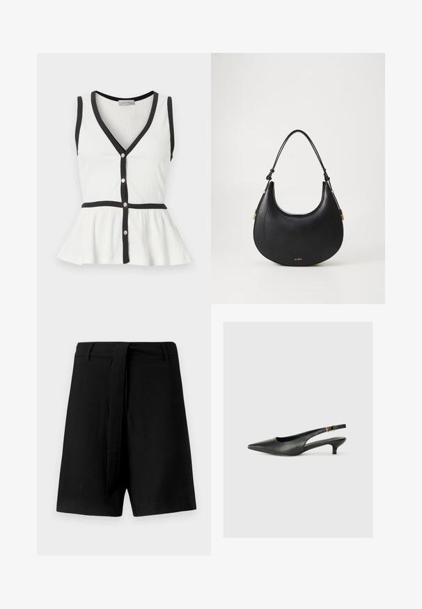 Weißes ärmelloses Ripp-Top mit schwarzem Besatz, V-Ausschnitt, Knopfleiste vorne und Volant-Saum.; Schwarze Leinenshorts mit hoher Taille, ausgestattet mit einem Stoffgürtel und seitlichen Taschen, glatte Textur und einer lockeren Passform.; Schwarzer Slingback-Schuh mit spitzem Zehenbereich aus glattem Leder. Mit einem dünnen Absatz und einer dekorativen Schnalle am verstellbaren Riemen.; Schwarze Lederhandtasche mit geschwungener Silhouette, einem einstellbaren Tragegurt, goldfarbenen Beschlägen und dezenten geprägten Logo-Details.