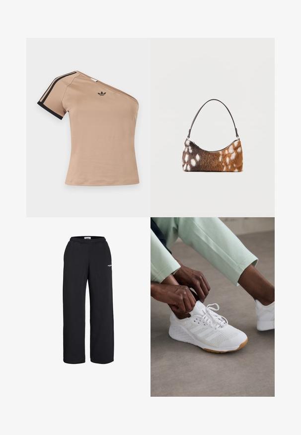 Béžový športový top s jedným ramenom, čiernymi pruhmi na krátkom rukáve a malým čiernym logom Adidas na hrudi.; Čierne tepláky s rovnými nohavicami a elastickým pásom, s malým bielym logom na hornej časti stehna, určené na bežné nosenie.; Biele športové topánky s hornou časťou z sieťoviny, gumovou podrážkou a dizajnom so tromi prúžkami. Šnúrky sa upravujú; viditeľné svetlošedé a mätovo zelené oblečenie.; Ramenná taška s hnedo-bielym bodkovaným umelým kožúškom a tenkým čiernym remienkom, zobrazená na bielom pozadí.