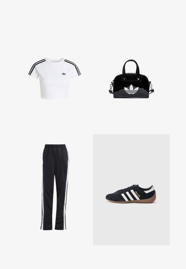 Weißes Cropped-T-Shirt mit schwarzem Adidas-Trefoil-Logo auf der Brust und drei schwarzen Streifen entlang der Schultern und Ärmel.; Schwarze Jogginghose mit weißen Seitenstreifen, elastischem Bund und einem Logo-Patch. Hergestellt aus glattem, leichtem Stoff. Gerades Bein-Design.; Schwarzer Veloursleder-Sneaker mit drei weißen Streifen, Gummisohle und einem kleinen goldenen Logo an der Seite. Verfügt über ein glattes schwarzes Innenfutter.; Schwarze Handtasche aus Lackleder mit abgerundeter Form, doppelten Tragegriffen, silbernen Akzenten und einem auffälligen weißen Logo auf der Vorderseite.
