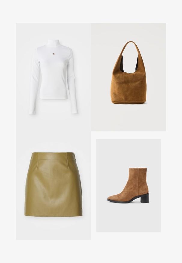 Langærmet, hvid turtleneck-top lavet af ribbet materiale. Har et lille broderet logo i midten. Tæt pasform uden mønstre.; Olivengrøn læder mini-nederdel med en glat overflade, der har to forreste sømme og en lige pasform, afsluttet med minimalistiske syninger.; Brun ruskind ankelstøvle med spids tå, mid-block hæl og subtil præget logo-detalje. Lynlås lukning langs siden.; Brun ruskinds-hobo-taske med bred strop og blød, slap struktur, vist mod en ensfarvet lys baggrund.