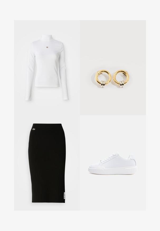 Witte turtleneck met lange mouwen, gemaakt van ribbelstof. Bevat een klein geborduurd logo in het midden. Aansluitend ontwerp zonder patronen.; Zwarte geribbelde gebreide midi-rok met een nauwsluitende silhouet. Kleine Lacoste-logo detail op de tailleband, met een gladde textuur.; Witte lage sneaker met vetersluiting, dikke zool en glad bovenwerk, gezien vanaf de buitenkant tegen een effen lichte achtergrond.; Gouden ronde oorbellen met aan elke oorbel twee kleine zilveren ringetjes, met subtiele gegraveerde merknamen, geplaatst op een witte achtergrond.