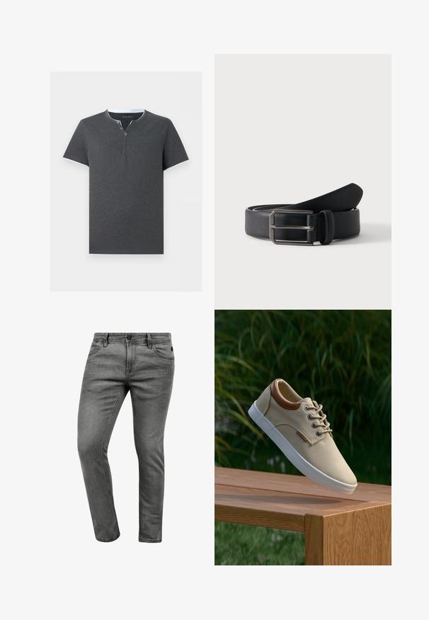 Mørkegrå kortærmet Henley-t-shirt med rund halsudskæring og tre knapper på frontpladen, vist på en ensfarvet baggrund.; Grå denim jeans med slim fit, der har fem lommer, en knaplukning og diskrete syninger. Blød tekstur og enkelt design.; Beige lærredssneaker med brune læderdetaljer, runde snører, hvid gummisål og tekstureret overflade, vist på en træoverflade.; Sort læderbælte rullet med rektangulært sølvfarvet metalspænde på en ensartet lys baggrund.