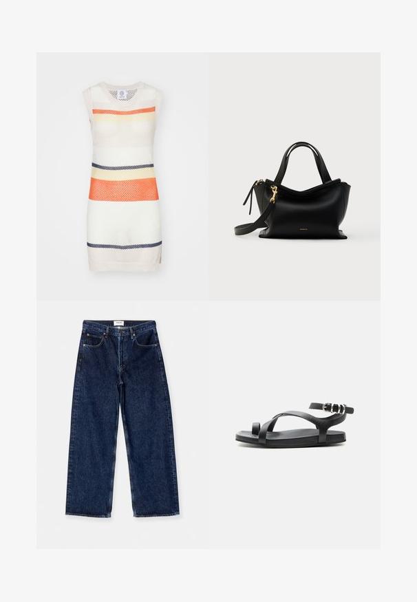 Ærmeløs strikket kjole med et mesh-design og vandrette striber i orange, gul, marineblå og creme. Flad kant og rund hals.; Mørkeblå denim brede bukser med høj talje, forlommer og en glat tekstur med subtile stikningsdetaljer.; Sort flad sandal med tynd tåstrop, krydsede remme og justerbar ankelrem med sølvspænde, vist mod ensfarvet baggrund.; Sort læderhåndtaske med kurvet design, guldfarvet hardware, korte håndtag og aftagelig skulderrem. Har en glat tekstur og logo detalje.