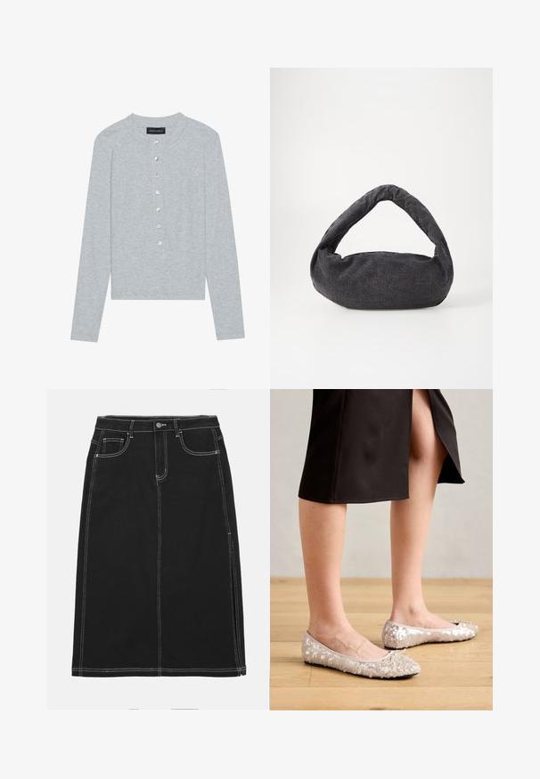 Cardigan gris à manches longues en tissu côtelé, présentant un col rond et six boutons frontaux avec une légère brillance.; Jupe en denim noir avec une coupe droite, ornée de coutures blanches, avec une fermeture à boutons sur le devant et deux poches avant. Texture lisse.; Ballerines en sequins beiges avec un bout rond, ornées d'un accent nœud, associées à une jupe noire, exposées sur un sol en bois.; Sac en tissu gris foncé avec une anse courbée, texture douce et forme arrondie. Pas de matériel ou d'embellissements visibles.