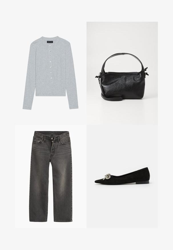 Cardigan gris à manches longues en tissu côtelé, présentant un col rond et six boutons frontaux avec une légère brillance.; Jeans en denim noir avec une coupe droite, taille haute et braguette à boutons. Présente un léger effet délavé et des coutures contrastantes.; Chaussure plate en suede noir avec un bout pointu, ornée d'un détail de nœud en argent décoratif à l'avant, présentant un petit talon.; Sac à main en cuir noir au design structuré, avec une poignée arrondie et une bandoulière amovible. Présente une texture lisse et un éclat subtil.
