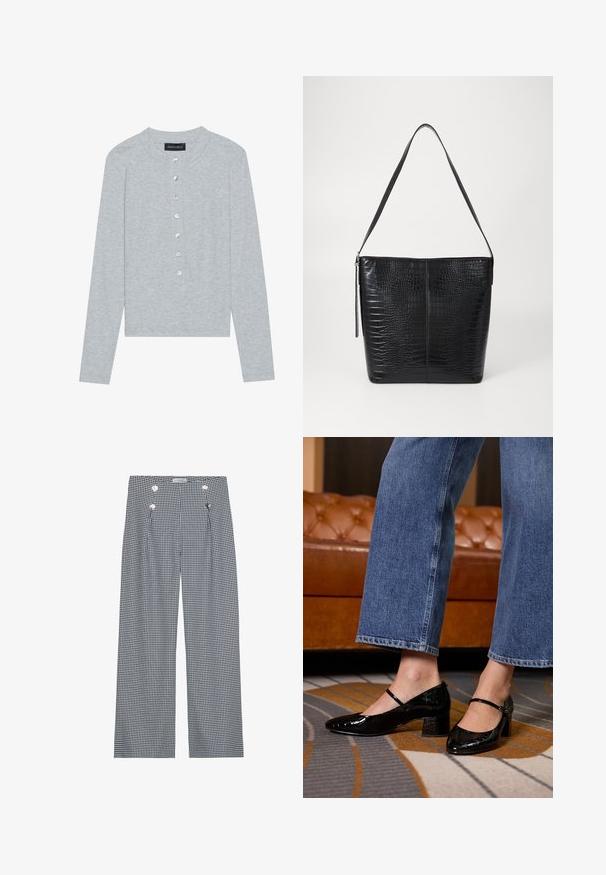 Grå cardigan med lange ærmer lavet af ribstrikket stof, med rund halsudskæring og seks frontknapper med en let glans.; Bred- og hvidt gingham-mønstret bukser med frontfold og guldfarvede knapdetaljer i taljen. Glat stoftekstur.; Sorte lakpumps med spids tå, blokhæl og ankelrem, båret med bredbenede denimjeans, på et mønstret tæppe.; Sort håndtaske i krokodillepræget læder med flad krop, justerbar rem og lynlåslukning. Glat tekstur med struktureret form.