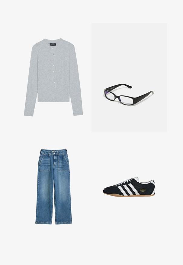 Grå cardigan med lange ærmer lavet af ribstrikket stof, med rund halsudskæring og seks frontknapper med en let glans.; Højhalsede, brede bukser i blå denim med frontlommer, bæltestropper og lukning med frontknap og lynlås.; Sort ruskinds sneaker med hvide tre striber, guldlogo og en brun gummisål. Har et lavprofil snørebåndsdesign.; Sorte rektangulære briller med klare linser. Blank finish, smalle stænger, og lilla nuance synlig i kanterne af linsen.