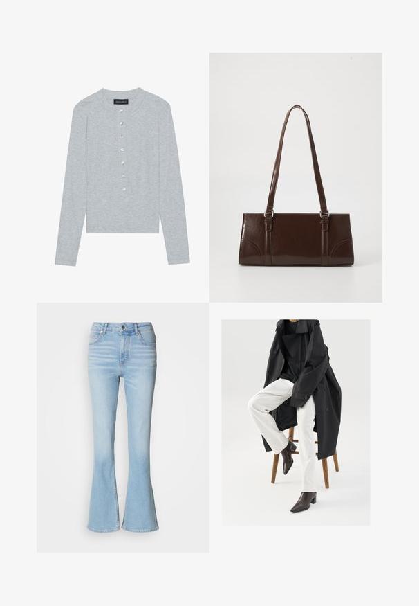 Grå cardigan med lange ærmer lavet af ribstrikket stof, med rund halsudskæring og seks frontknapper med en let glans.; Lyseblå vide jeans lavet af denim med høj talje, prydet med subtil falming og en standard lynlås-lukning.; Sort, oversized trenchcoat over en sort top, parret med hvide bukser og brune, spidse ankelstøvler, siddende på en træstol.; Brun lakeret håndtaske med rektangulær form, to lange håndtag og subtile buede detaljer på fronten.