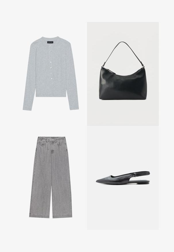 Grauer Cardigan mit langen Ärmeln aus geripptem Stoff, mit rundem Ausschnitt und sechs vorderen Knöpfen mit leichtem Glanz.; Graue weite Jeanshose mit elastischem Bund und Kordelzug, zwei vorderen Taschen und geradem Bein. ; Schwarzer, spitz zulaufender Slingback-Flachschuh aus Leder mit niedrigem Absatz und verstellbarem Riemen vor hellem Hintergrund.; Schwarze Schultertasche aus strukturiertem Leder mit gewölbtem Reißverschluss oben und einem verstellbaren Riemen vor einfarbigem Hintergrund.