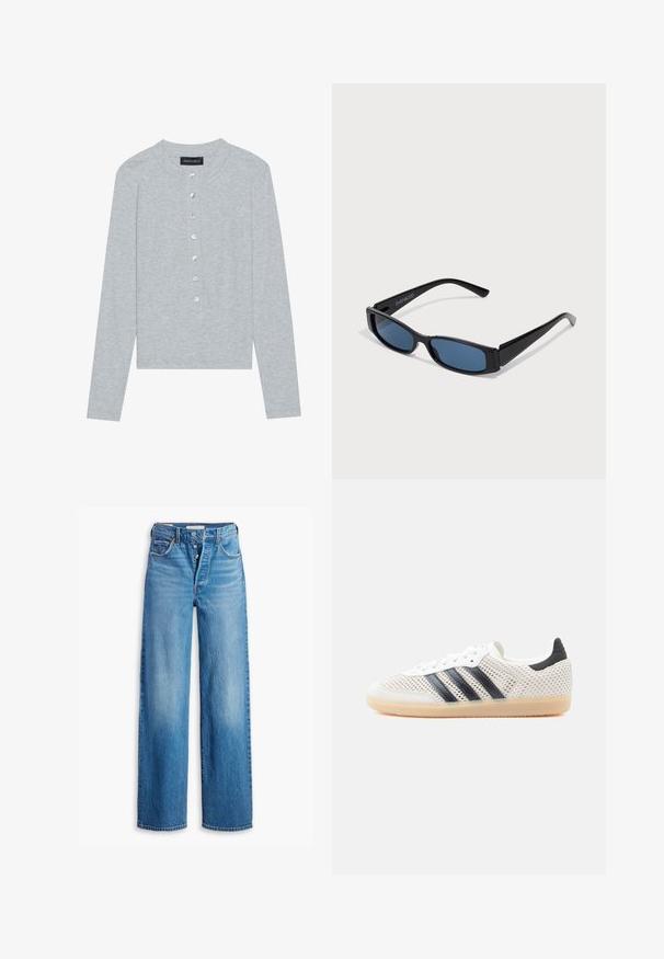 Grå cardigan med lange ærmer lavet af ribstrikket stof, med rund halsudskæring og seks frontknapper med en let glans.; Blå denimjeans med høj talje, vidde ben og fem lomme-design. Har en knaplukning og en falmet finish.; Hvide mesh-sneakers med sort tre-stribet design, rundet tå og gummisål. Har blød hælkant og snørelukning.; Sorte solbriller med en slank rektangulær ramme og blå linser. Har en glat overflade og robuste stænger. Mærkets logo på siden.