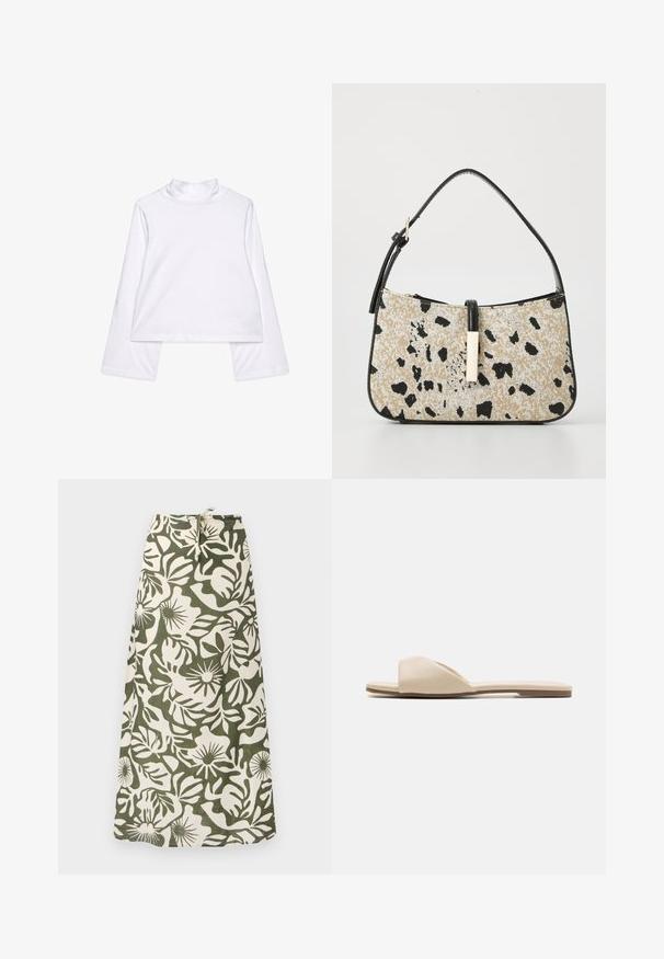 Hvid forkortet langærmet turtleneck skjorte lavet af blødt materiale med en glat tekstur og en høj krave. Minimalistisk design, ingen mønstre eller accenter.; Lang nederdel lavet af stof med et grønt og cremefarvet blomstermønster, med snoretræk i taljen og en blød, tekstureret finish.; Flade sandaler i blødt beige materiale, med åben tå design, glat struktur og minimalistisk form med en lysbrun sål.; Vegan læderhåndtaske med et beige og sort plettet mønster, der har en sort rem og en guldfarvet detalje i midten. Glat tekstur.