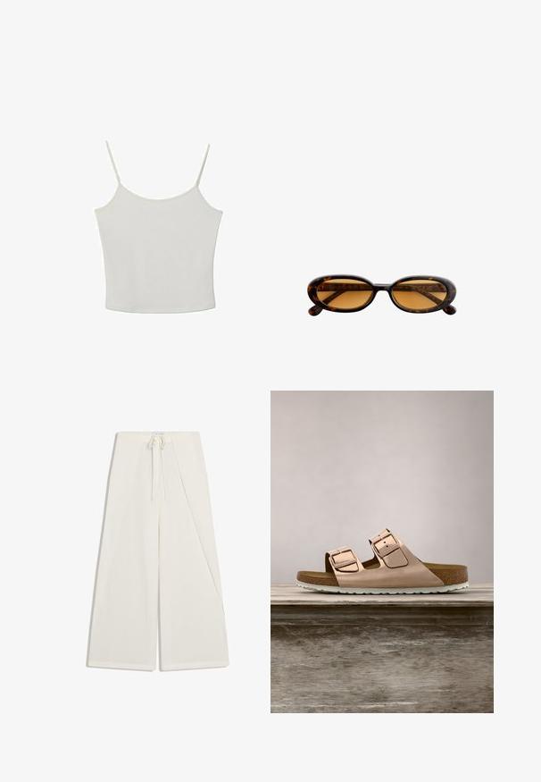 Stradivarius TOP - Top - beige; Witte broek met wijde pijpen, asymmetrische voorkant en een koord in de taille.; Roze-gouden slidersandalen met twee verstelbare metalen gespen, kurken voetbed en witte rubberen zool. Gladde metalen afwerking, open teen ontwerp.; Ovale zonnebril met schildpadmotief, amberkleurige lenzen en een dun montuur, weergegeven tegen een witte achtergrond.