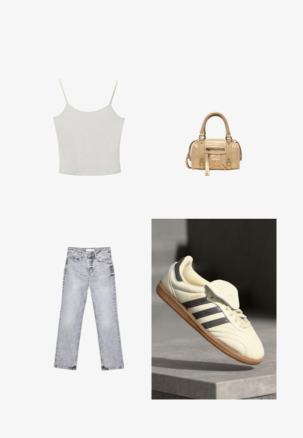 Stradivarius TOP - Top - beige; Šedé džínsy s rovnými nohavicami, s opotrebovaním, piatimi vreckami a meďou pokovovanými nitmi. Pás má štítok s logom.; Krémové kožené tenisky s tromi tmavými pruhmi, hnedou gumenou podrážkou a zaoblenou špičkou. Obsahujú prehýbací jazyk s označením "SAMBA."; Stradivarius Kabelka - beige