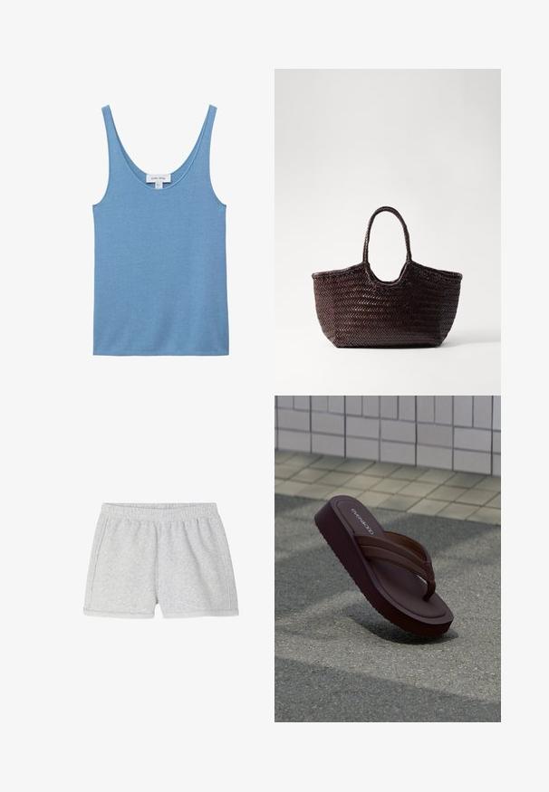Lichtblauw geribd gebreid tanktop met ronde halslijn en dunne schouderbandjes, label zichtbaar aan de achterkant binnen in de kraag.; American Vintage SHORT FEMME ATUBAY - Trainingsbroek - arctique chine; Bruine platte teenslipper met dikke banden rustend op asfalt nabij een betegelde rand.; Geweven bruin tote bag met een afgeronde bovenkant en twee handvatten. Heeft een gestructureerd patroon met een brede, open constructie voor gemakkelijke toegang.