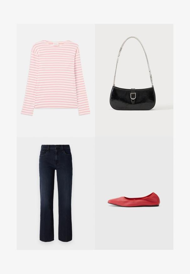 Langärmliges gestreiftes Oberteil in Hellrosa und Weiß. Weicher Stoff mit entspannter Passform und weiter Ausschnitt. Mit seitlichen Schlitzen am Saum.; Mother THE MID RISE RAMBLER - Jeans Straight Leg - dunkelblau; Filippa K REY FLATS - Klassischer Ballerina - bright red; Schwarze Schultertasche aus Lackleder mit silberner Schnalle und silbernem Kettenriemen, auf hellem einfarbigen Hintergrund präsentiert.