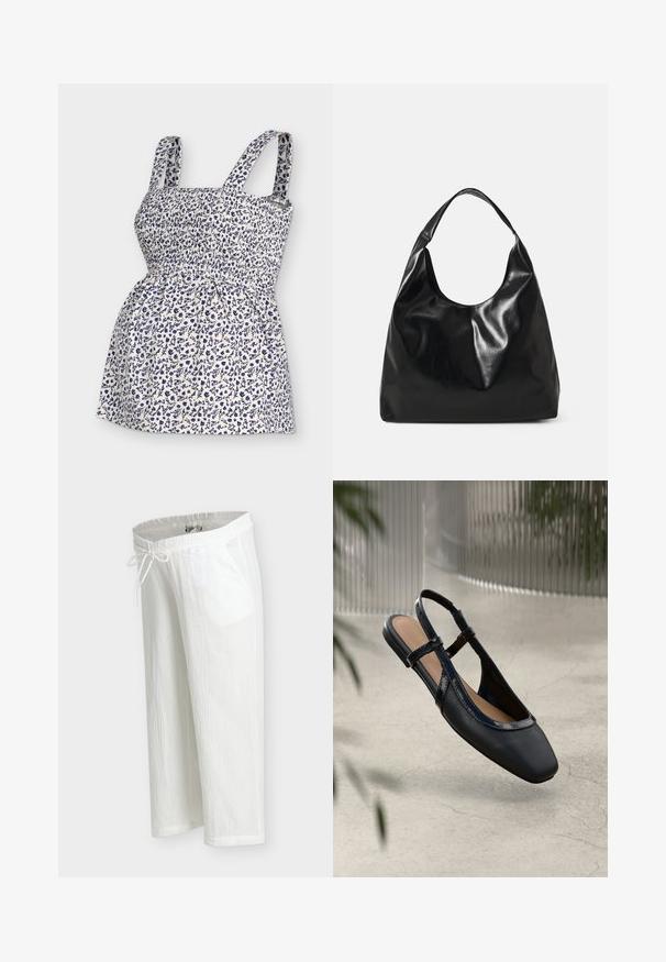 Haut d'été blanc sans manches avec motif floral bleu et corsage élastique froncé sur fond uni.; Pantalon léger en coton blanc avec taille élastique, cordon de serrage et poches latérales, présenté sur un fond uni.; Chaussure plate slingback en cuir noir avec un orteil carré, dotée d'un fini verni brillant et de sangles ajustables pour un maintien sécurisé.; Sac hobo en cuir noir avec une texture douce et brillante et un haut ouvert arrondi. Dispose d'une large sangle courbée pour le transport. Pas de matériel visible.
