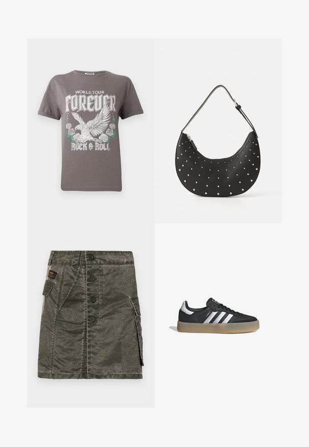Camiseta gris de algodón con un gran gráfico de un águila y rosas, con el texto "TOUR MUNDIAL PARA SIEMPRE ROCK & ROLL" en letras blancas en negrita.; Falda verde oliva con botones en el frente, hecha de una tela texturizada, que cuenta con un bolsillo lateral y detalles de costura. Ajuste regular, diseño hasta la rodilla.; Zapatilla deportiva de cuero negro con tres rayas plateadas, punta texturizada y suela de goma. Cuenta con un collar acolchado y un diseño con cordones.; Bolso de mano de cuero negro con forma curva, adornado con tachuelas plateadas, cuenta con cierre de cremallera y una sola correa ajustable.