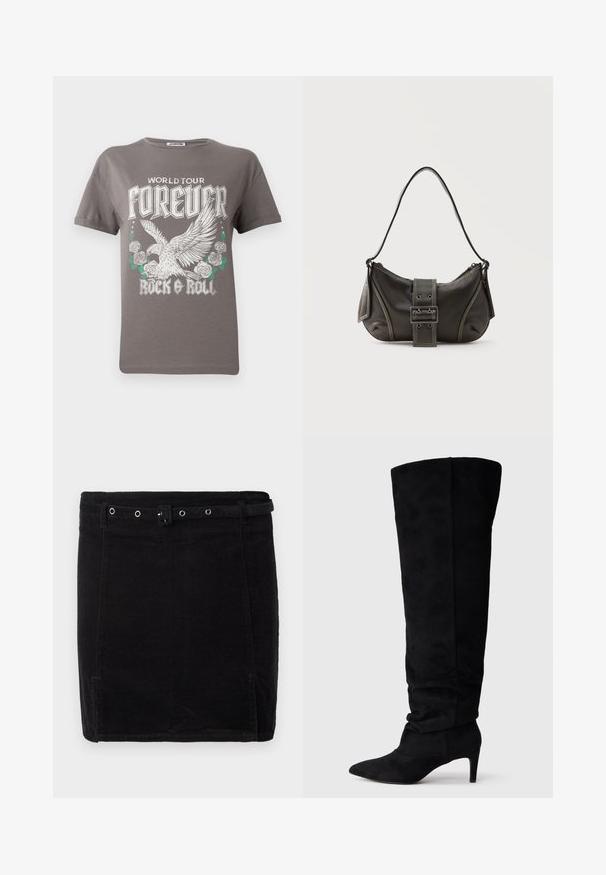 Grå bomulds t-shirt med et stort grafisk motiv af en ørn og roser, med teksten "WORLD TOUR FOREVER ROCK & ROLL" i fed hvid skrift.; Sort fløjlsskjørt med en tætsiddende pasform, der har et bælte, sølvhardware og en diskret vertikal ribbeting. ; Sort overknæ støvle lavet af blødt ruskind, med spids tå og slank hæl. Glat tekstur uden synlige metaldele eller mønstre.; Sort læder skuldertaske med spænde på remmen, afrundede kanter og kontrasterende hvide syninger på en ensfarvet baggrund.