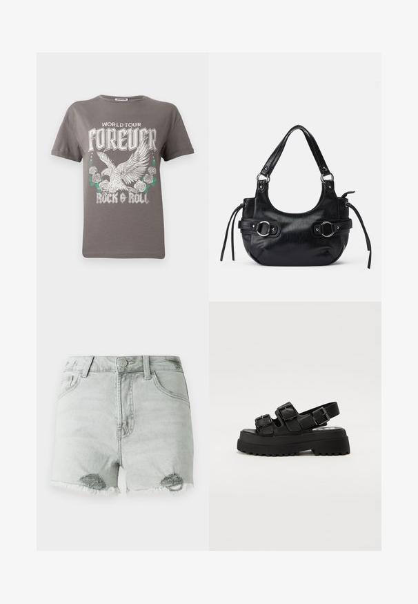 Grijze katoenen t-shirt met een grote afbeelding van een adelaar en rozen, met de tekst "WORLD TOUR FOREVER ROCK & ROLL" in vette witte letters.; Lichtgrijze denimshorts met een hoge taille, versleten details en rafelige hemden, en twee voorzakken. De stof lijkt zacht en gedragen.; Zwarte plateau-sandalen met drie verstelbare gespbanden, een gestructureerde zool en een gladde bovenkant. Ontworpen met een stevige, chunky silhouet.; Zwarte leren handtas met een afgeronde vorm, voorzien van twee zijgespen, een gladde textuur en een korte schouderband. Accenten zijn onder andere zijfranjes.