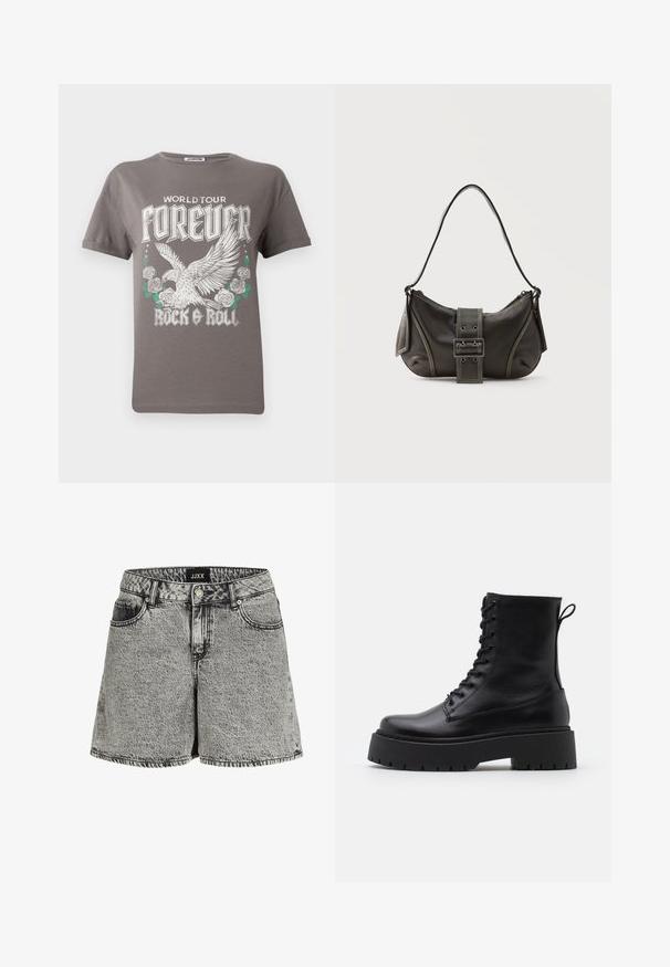 Graues Baumwoll-T-Shirt mit einem großen Grafikdesign eines Adlers und Rosen, mit dem Text "WORLD TOUR FOREVER ROCK & ROLL" in fetter weißer Schrift.; Schwarze und graue Jeansshorts mit hoher Taille, im Fünf-Taschen-Design und fransigem Saum. Mit einer verblassten Textur und Metallknopfverschluss.; Schwarze Lederstiefeletten mit runder Zehenpartie, Schnürung vorne und einer dicken Gummisohle mit strukturiertem Profil. Mit Zugschlaufe an der Rückseite.; Schwarze Leder-Schultertasche mit Schnallengurt-Detail, abgerundeten Kanten und kontrastierenden weißen Nähten auf schlichtem Hintergrund.