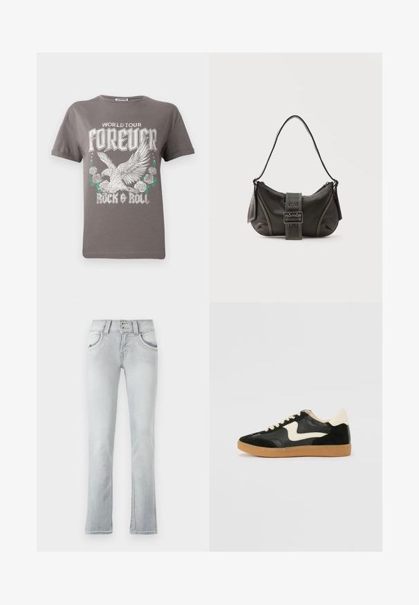 Grijze katoenen t-shirt met een grote afbeelding van een adelaar en rozen, met de tekst "WORLD TOUR FOREVER ROCK & ROLL" in vette witte letters.; Lichtblauwe spijkerbroek met een flared leg ontwerp, voorzien van twee voorzakken, een knopenrits met twee knopen en subtiele vervaagde details.; Zwarte suède en leren sneaker met een crèmekleurige zij-swoosh en lichte crèmekleurige hiel. Voorzien van beige veters en een gumrubberen zool.; Zwarte leren schoudertas met gespsluiting aan de riem, afgeronde hoeken en contrasterende witte stiksels op een effen achtergrond.