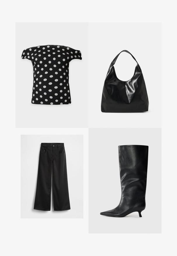 Haut noir épaules dénudées avec des pois blancs espacés régulièrement, présenté à plat sur un fond blanc.; Pantalon noir à jambes larges en tissu léger et lisse. Il présente une fermeture à bouton, quatre poches et un design net et ajusté.; Bottes en cuir noires jusqu'aux genoux avec un bout pointu et un petit talon, présentées sur un fond clair.; Sac hobo en cuir noir avec une texture douce et brillante et un haut ouvert arrondi. Dispose d'une large sangle courbée pour le transport. Pas de matériel visible.