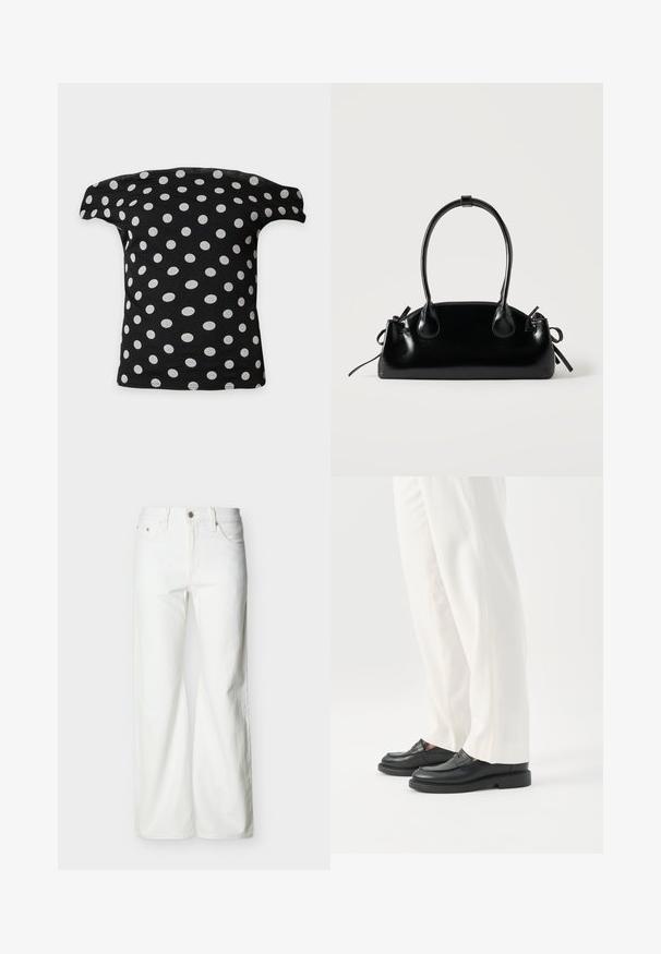 Sort off-shoulder top med hvide prikker jævnt fordelt, vist fladt på en hvid baggrund.; Hvide jeans med høj talje og lige ben, med forreste knap, lynlåslukning samt sidelommer og baglommer, mod en ensartet lys baggrund.; Person iført hvide skræddersyede bukser og sorte læder loafers stående på hvid baggrund.; Lille sort blank håndtaske med to lange håndtag og snøre-detaljer i siden på en ensfarvet lys baggrund.