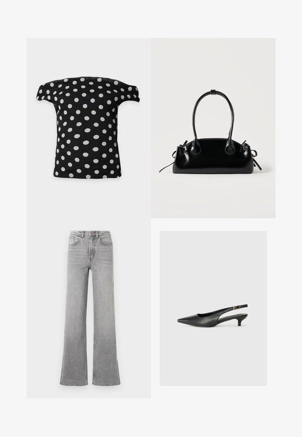 Schwarzes schulterfreies Oberteil mit gleichmäßig verteilten weißen Punkten, flach auf weißem Hintergrund dargestellt.; Graue Denim-bootcut-Jeans mit hoher Taille, Fronttaschen, Gürtelschlaufen und einem subtilen, verblassten Design, präsentiert vor einem weißen Hintergrund.; Schwarzer Slingback-Schuh mit spitzem Zehenbereich aus glattem Leder. Mit einem dünnen Absatz und einer dekorativen Schnalle am verstellbaren Riemen.; Kleine schwarze glänzende Handtasche mit zwei langen Griffen und seitlichen Kordelzug-Details vor einfachem hellem Hintergrund.
