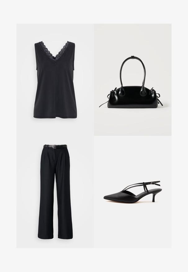 Schwarze ärmellose Bluse mit V-Ausschnitt, die entlang des Halsausschnitts mit filigraner schwarzer Spitze verziert ist. Glattes Material und lockere Passform.; Schwarze weit geschnittene Hose aus glattem Stoff, mit vorderen Falten und einem passenden schwarzen Gürtel mit einer silbernen Schnalle.; Schwarzer Leder-Kitten-Heel mit spitzer Schuhspitze, dünnem Knöchelriemen und Schnalle, Slingback-Design, auf hellem einfarbigem Hintergrund.; Kleine schwarze glänzende Handtasche mit zwei langen Griffen und seitlichen Kordelzug-Details vor einfachem hellem Hintergrund.