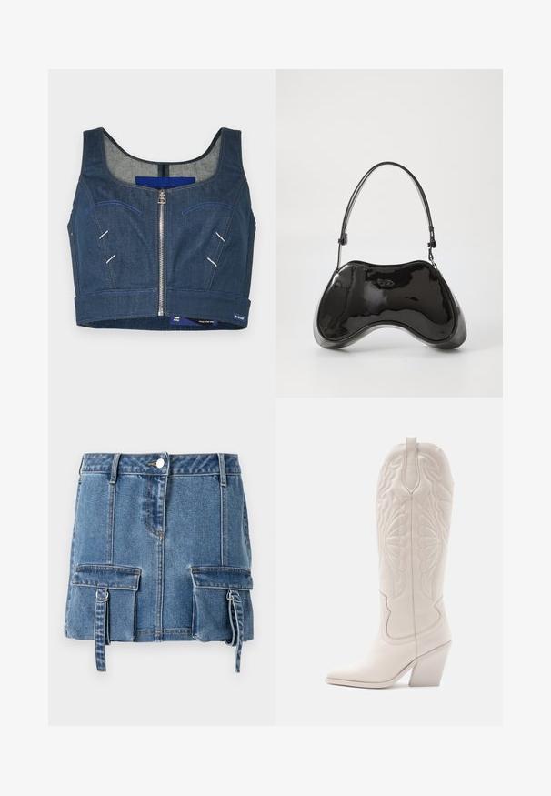Tmavomodrý denimový crop top s okrúhlym výstrihom, predným zipsom a kontrastným prešívaním. Obsahuje dva predné vrecká s zakrivenými líniami.; Denim mini sukňa vo svetlom modrom odtieni, s vysokým pásom, predným zapínaním na gombíky a dvoma prednými vreckami s nastaviteľnými popruhmi.; Biele kožené kovbojské topánky s špicatou špičkou a blokovým opätkom. Majú zložitý výšivkový vzor na šachte a hladkú textúru.; Čierna lakovaná kožená kabelka s jedinečným zakriveným tvarom, krátkym nastaviteľným popruhom a zipsom na vrchu. Hladká textúra s jemným brandingom.