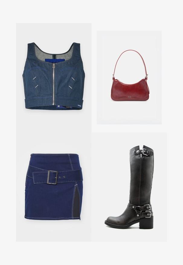 Denim crop top in donkerblauw met een ronde halslijn, een voorkant rits en contrasterende stiksels. Voorzien van twee voortzakken met gebogen lijnen.; Marineblauwe denimrok met witte stiksels, voorzien van een brede riem met een vierkante gesp en een zijpaneel van zwarte stof.; Hoge zwarte leren laars met een forse hak en drie verstelbare zilveren gespen op de schacht en enkel.; Kleine glanzende donkerrode handtas met enkele band, zilverkleurige rits en "RAID"-logo middenvoor.