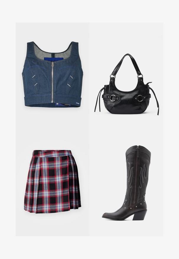 Denim crop top in donkerblauw met een ronde halslijn, een voorkant rits en contrasterende stiksels. Voorzien van twee voortzakken met gebogen lijnen.; Zwarte geruite rok met rode, blauwe en grijze checks, met plooien en een platte tailleband voor een gestructureerde pasvorm. Zachte stoftextuur.; Bruine leren cowboylaarzen met vlamstiksels, zijrits, zilveren studs, spits toelopende neus en gestapelde hak.; Zwarte leren handtas met een afgeronde vorm, voorzien van twee zijgespen, een gladde textuur en een korte schouderband. Accenten zijn onder andere zijfranjes.