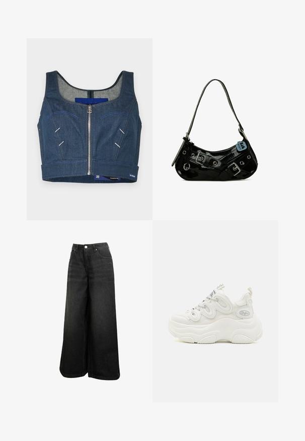 Dunkelblaues Denim-Crop-Top mit einem runden Ausschnitt, Frontreißverschluss und kontrastierender Naht. Verfügt über zwei Fronttaschen mit geschwungenen Umrissen.; Schwarze weit geschnittene Jeans mit hoher Taille, Frontknopf, Taschen und dezentem Logo auf der Vorder-Tasche.; Weiße klobige Sneaker mit einem Obermaterial aus Mesh und Synthetik, geschwungener Form, strukturiertem Absatz und einem auffälligen Schnürsystem mit Logodetails.; Schwarze Lackleder-Handtasche mit geschwungener Form, ausgestattet mit silbernem Beschlag, dekorativen Schnallen und einem kurzen Griff. Blaue Anhängeschild befestigt.