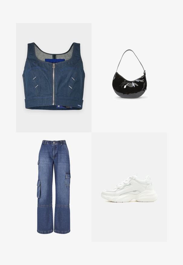 Tmavomodrý denimový crop top s okrúhlym výstrihom, predným zipsom a kontrastným prešívaním. Obsahuje dva predné vrecká s zakrivenými líniami.; Džínsy v štýle cargo s širokými nohavicami v stredne modrej farbe, ktoré majú viacero bočných vreciek, zapínanie na gombík a kontrastné šitie pozdĺž švov.; Biela masívna teniska s hrubou podrážkou, šnurovaním vpredu a hladkým syntetickým zvrškom so subtílnymi švami.; Čierna lakovaná kožená kabelka s oblým tvarom, s jedným ramenným popruhom, zipsovým uzáverom a ozdobným metalickým logom. Hladká textúra.