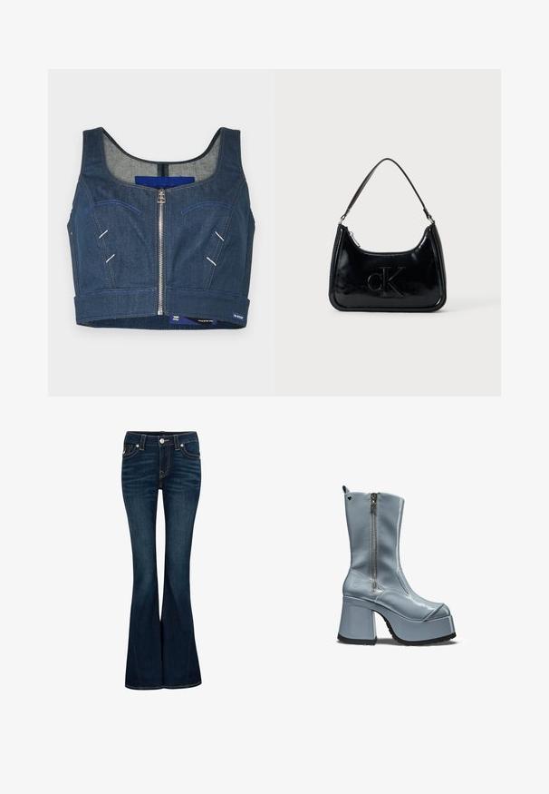 Tmavomodrý denimový crop top s okrúhlym výstrihom, predným zipsom a kontrastným prešívaním. Obsahuje dva predné vrecká s zakrivenými líniami.; True Religion Zvonové džínsy - indigo upgrade; Modrá platformová čižma z lakovanej kože s masívnym podpätkom, bočným zipsom a malým výrezom v tvare srdca blízko vrchu.; Čierna lakovaná kabelka s oblým horným uchom, zipsovým uzáverom a embosovaným logom "cK" na prednej strane. Hladká textúra, štruktúrovaný tvar.