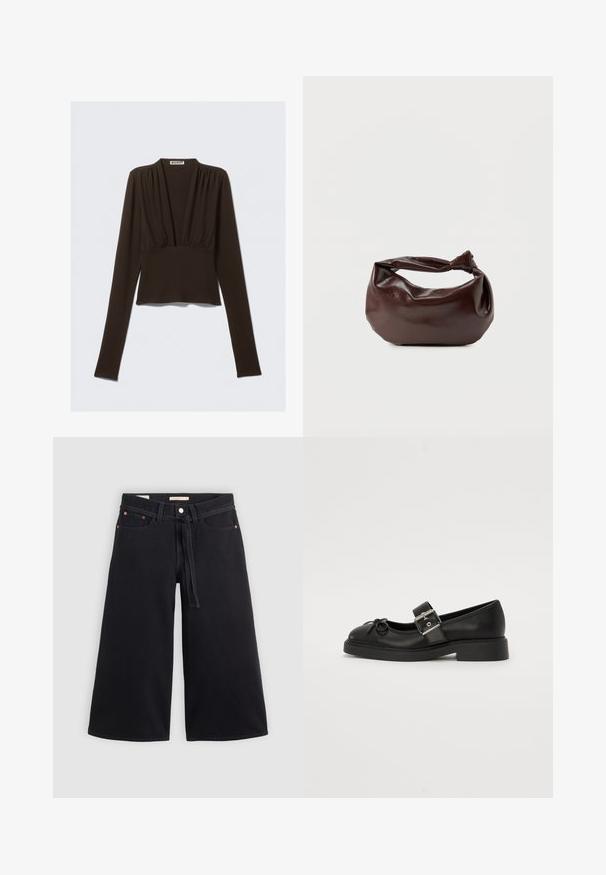 Bruine top met lange mouwen, een V-hals, geplooide details op de schouders en een aangesloten taille. Gemaakt van rekbare stof voor comfort.; Zwarte wijdvallende denim broek heeft een trekkoord in de taille, riemlussen, koperen accenten en een nette afwerking. De stof is stevig en textuur geeft.; Zwarte leren Mary Jane-schoen met een ronde neus, enkelband en details met zilveren gesp. Heeft een platte, chunkyzool en een strikaccent.; Donkerbruine leren schoudertas met een zachte, slungelige vorm en een gedraaide knoopvormige handgreep op een effen witte achtergrond.