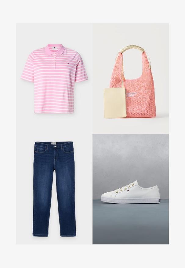 Rosa-weiß gestreiftes Polohemd mit kurzen Ärmeln, Kragen und drei Knöpfen, mit einem kleinen gestickten Logo auf der Brust.; Dunkelblaue Denim-Jeans im geraden Schnitt, mit Fünf-Taschen-Design, sichtbaren Nähten und einem Metallknopfverschluss am Bund.; Weißes Leinensneaker mit goldenen Ösen, flachen Schnürsenkeln, strukturiertem Gummisohle und minimalem Branding an der Seite. Niedriges Profil.; Rosa Netz-Shopper mit cremefarbenem, umwickeltem Griff und angebrachtem kleinen, beigefarbenen Reißverschlussbeutel, bestickt mit weißem "Tommy Jeans"-Logo.