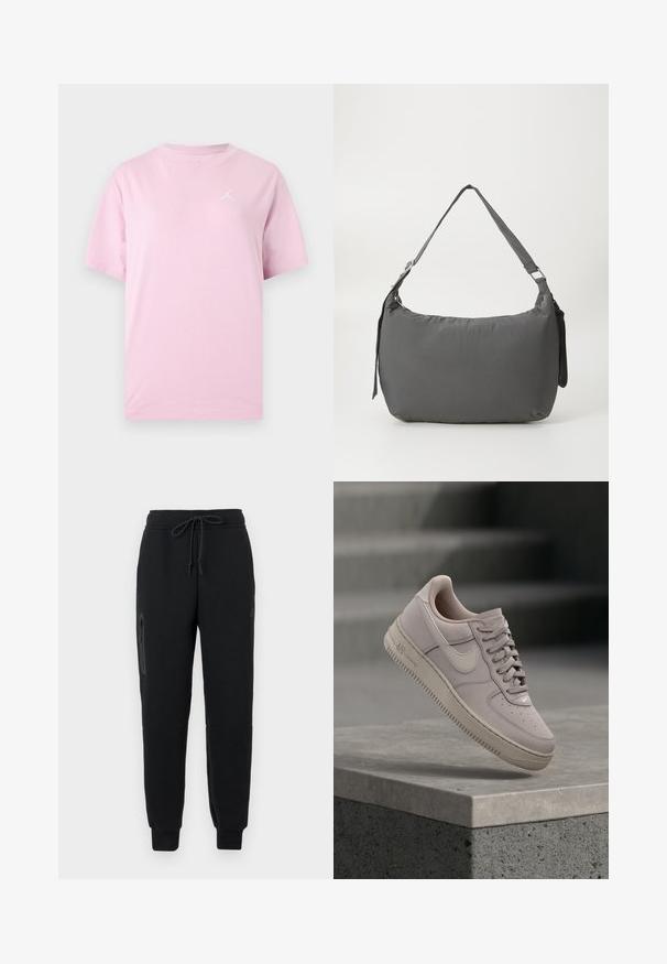 Vaaleanpunainen lyhythihainen pyöreäkauluksinen T-paita, jossa vasemmassa rinnassa pieni valkoinen Jumpman-logo ja yksivärinen tausta.; Mustat collegehousut, joissa on nauhavyötärö, vetoketjullinen sivutasku ja kavennetut hihnat. Valmistettu pehmeästä, teksturoidusta kankaasta.; Vaaleanharmaa Nike-tennari, jossa nauhat, rei'itetty kärki ja kumipohja, leijuu betonireunan yläpuolella sumeaa tummaa taustaa vasten.; Harmaa pehmustettu olkalaukku, jossa on kaareva muoto, sileä pinta, säädettävä hihna ja hillitty kohokuvioitu logo edessä.