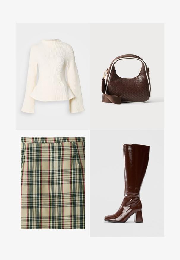 Top de punto acanalado crema con un cuello alto, mangas largas y acampanadas, y un dobladillo tipo peplum. La tela texturizada añade interés visual.; Tela de cuadros con un fondo beige y líneas en verde oscuro, rojo y amarillo. Tejido texturizado con un diseño estructurado, que muestra patrones distintos.; Botas de charol marrones hasta la rodilla con punta cuadrada, acabado brillante y un tacón ancho para mayor estabilidad. Diseño sin costuras sin herrajes visibles.; Bolso de mano de piel trenzada marrón con ribete blanco, cremallera dorada y correa de hombro de tela marrón desmontable.