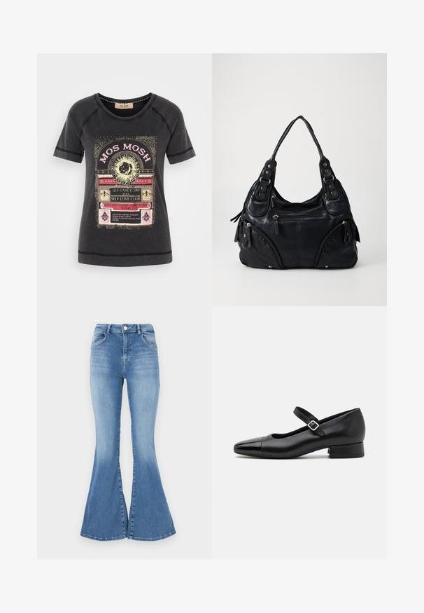 Camiseta de algodón negra con un estampado gráfico colorido que incluye texto decorativo y acentos de temática natural. Cuello redondo y mangas cortas.; Jeans de mezclilla azules acampanados con cintura alta, diseño de cinco bolsillos y un leve desgaste. Presentan un cierre de botón y trabillas para cinturón.; Zapatos Mary Jane de cuero negro con puntera de charol, correa de tobillo ajustable y tacón bajo. Textura suave y diseño elegante.; Bolso de mano de cuero negro con asas dobles, bolsillos con cremallera en la parte frontal y detalles de remaches metálicos, situado contra un fondo liso claro.