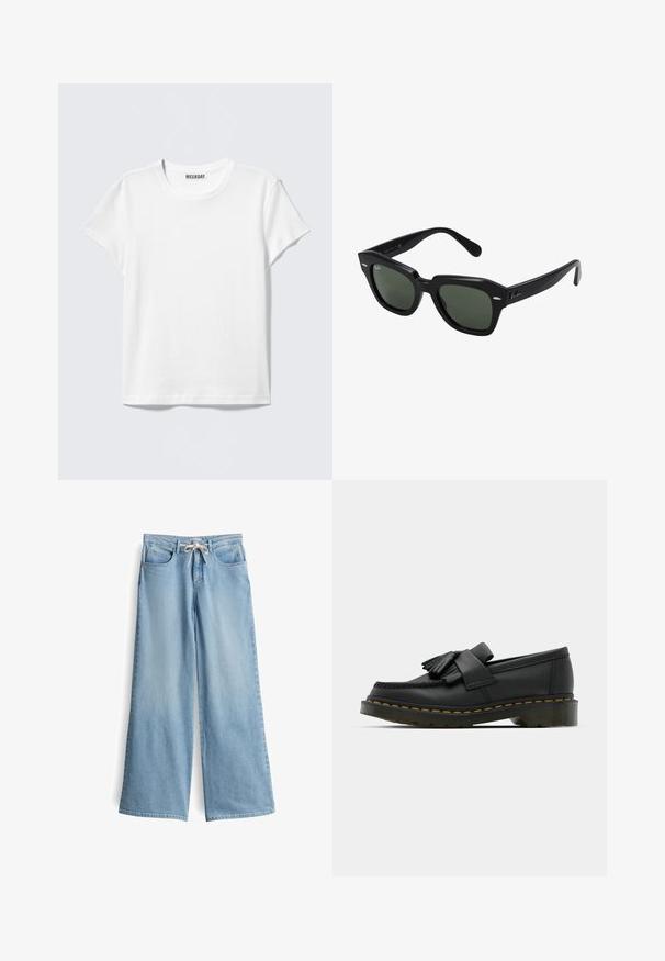 Schlichtes weißes T-Shirt mit kurzen Ärmeln und Rundhalsausschnitt mit einem "WEEKDAY" Etikett im Kragen, auf einem hellgrauen Hintergrund abgebildet.; Helle blaue, weit geschnittene Jeans aus Denim. Mit höherem Bund, Gürtelschlaufen, zwei Vorderaschen und einem Zugverschluss.; Schwarze Lederloafers mit runder Zehenpartie, ausgestattet mit einer fransigen Detail und einem dekorativen Band, das über die Vorderseite verläuft, auf einem stabilen Absatz.; Schwarze quadratische Sonnenbrillen mit dunkelgrünen Gläsern, ausgestattet mit markanten Rahmen und silbernen Akzenten an den Seiten. Hergestellt in Italien.