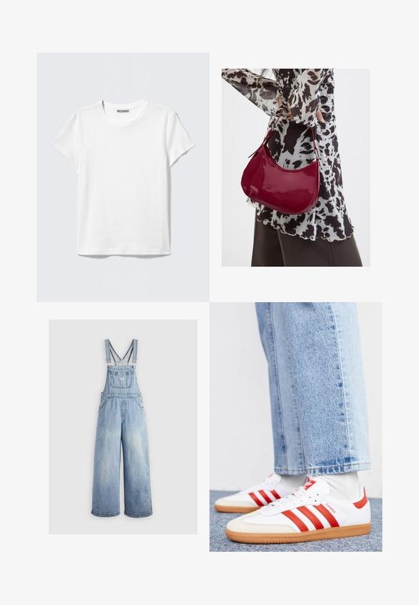 T-shirt blanc simple à manches courtes et col rond avec une étiquette "WEEKDAY" à l'intérieur du col, présenté sur un fond gris clair.; Salopette en denim bleu clair avec des jambes larges, bretelles réglables, poche avant et boutons en métal sur les côtés. Style classique avec une coupe décontractée.; Baskets en cuir blanc avec des rayures et des accents rouges. Dotées d'une semelle extérieure en gomme texturée et d'un col rembourré. Portées avec un jean en denim bleu clair.; Femme portant un chemisier à motif noir et blanc tenant un sac à main rouge brillant sur un fond uni.