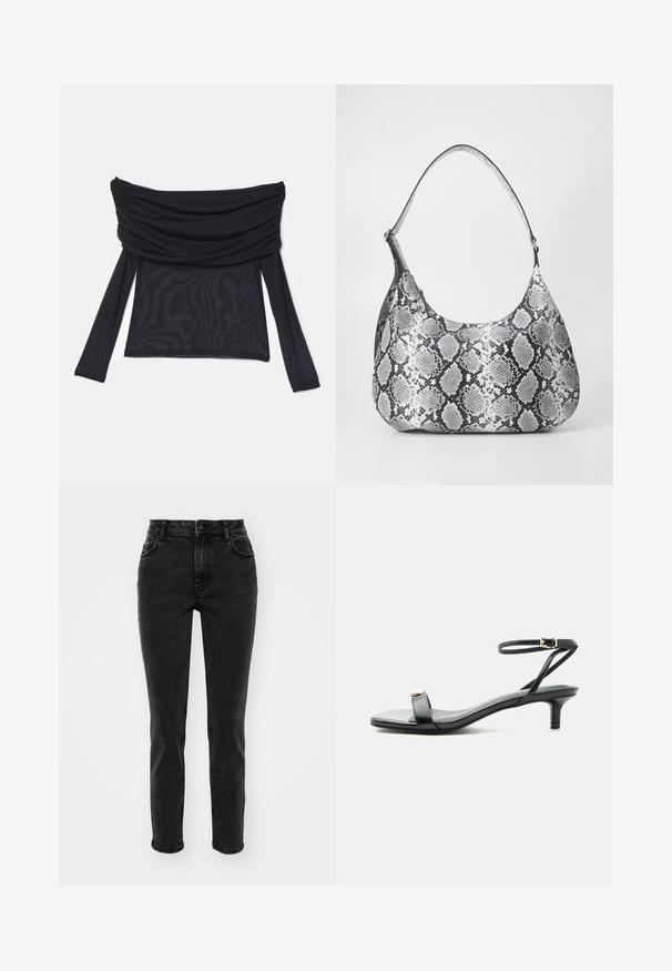 Top negro, con escote off-the-shoulder, textura de tejido recogido, mangas largas y silueta ajustada. Fabricado con un material ligero y suave.; Jeans de mezclilla negra con corte recto, diseño de cinco bolsillos, presillas para cinturón estándar y una textura suave. Cierre frontal con botón.; Sandalia de cuero negro con punta abierta, tacón bajo tipo ‘‘kitten’’, tirante fino en el tobillo con hebilla dorada y detalle decorativo dorado en la tira delantera.; Bolso de hombro con estampado de serpiente en blanco y negro, de forma redondeada, textura suave y correa curvada. Presenta un acento de hardware plateado.