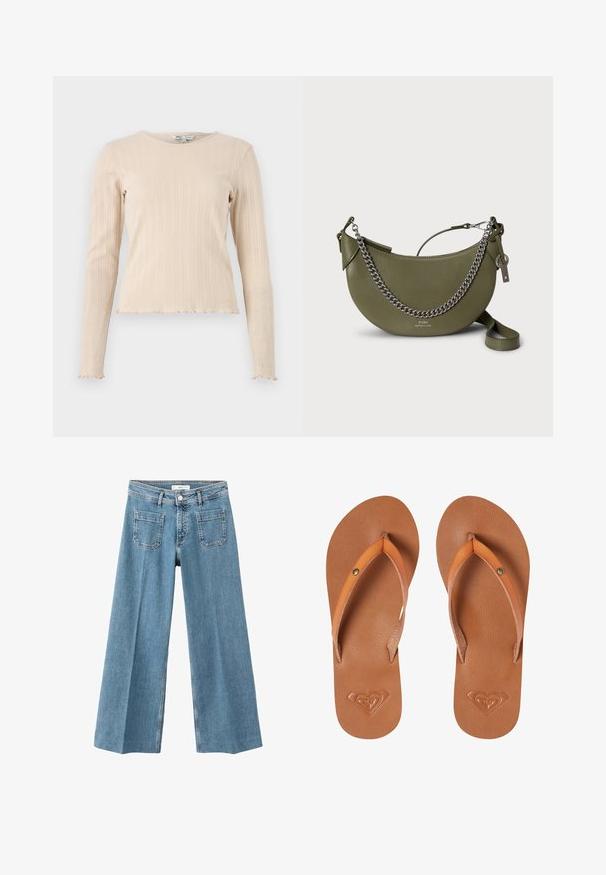 Beige langærmet ribbet top med rund hals og bølget kant. Stoffet har et subtilt struktureret mønster gennem hele designet.; Blå vidde jeans med forlommer, bæltestropper og knaplukning på hvid baggrund.; Brune syntetiske klipklapper med orange stropper, tekstureret overflade og præget hjerte-logo detalje på sålen.; Olivengrøn lædertaske til crossbody med en buet form, sølvkæde som rem og logodetalje foran. Glat tekstur med minimale detaljer.