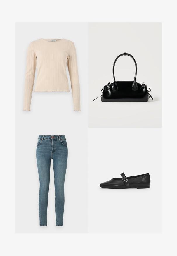 Beige langærmet ribbet top med rund hals og bølget kant. Stoffet har et subtilt struktureret mønster gennem hele designet.; Stramme jeans i medium blå denim. Har et klassisk fem-lomme design, front knaplukning og subtile slidser. Glat tekstur.; Sorte læder flade sko med rund tå, et enkelt justerbart spænde og en glat, blank overflade. Minimalistisk design med en lav hæl.; Lille sort blank håndtaske med to lange håndtag og snøre-detaljer i siden på en ensfarvet lys baggrund.