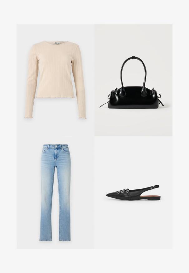 Beige langekous met ribbels, ronde hals en gegolfde zoom. De stof heeft een subtiel textuurpatroon overal.; Lichtblauwe denim jeans met een hoge taille, rechte pijpen en subtiele vervaging. Voorzien van vijf zakken en riemlussen.; Zwarte leren slingback ballerina met spitse neus, voorzien van twee horizontale bandjes en vierkante zilveren gespen, lage hak en een gladde textuur.; Kleine zwarte glanzende handtas met twee lange hengsels en zijkant trekkoord details op een effen lichte achtergrond.